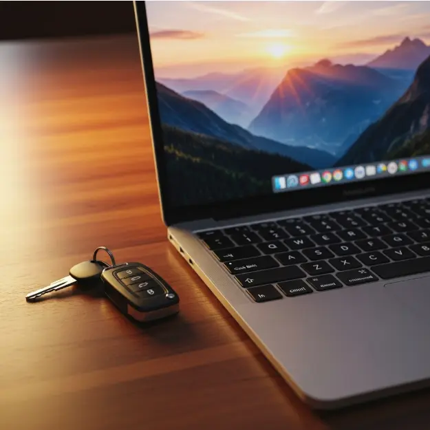 Laptop with car keys on a desk